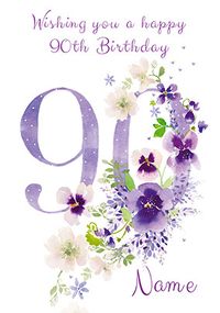 90th Birthday Card - floral adornment