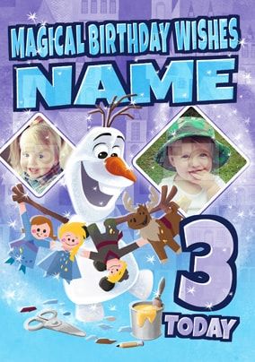 Elsa, Anna & Olaf Age 3 Photo Birthday Card