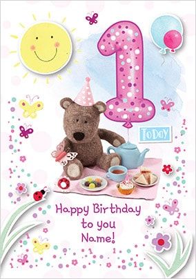 Barley Bear Girl's 1st Birthday Personalised Card
