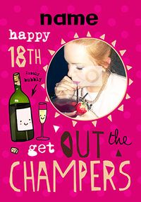 Tap to view HAP-PEA-NESS - Birthday Card 18th Photo Upload Champers