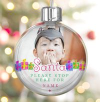 Tap to view Santa stop here Personalised Bauble - Pink Text