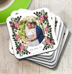 Floral Wedding Date & Photo Coaster