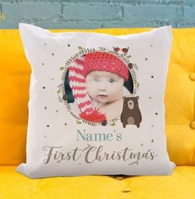 Boys First Christmas Photo Cushion