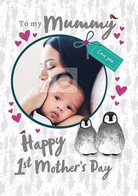 Penguin photo upload 1st Mother's Day personalised Card