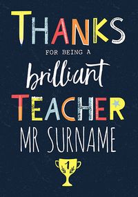 Brilliant Teacher Personalised Thank You Card