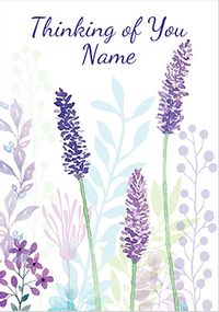 Blue Flowers Thinking of You personalised Card