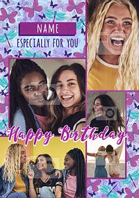 Tap to view Cancer Research Butterflies 5 photo personalised Birthday Card