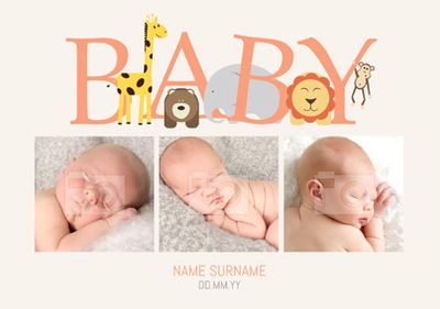 Animal Magic - New Baby Card 3 Photo Upload Landscape