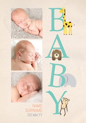 Animal Magic - New Baby Card 3 Photo Upload Portrait
