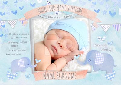 Button Nose - New Baby Card Blue Photo Upload