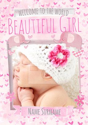 Button Nose - New Baby Card Welcome Beautiful Girl Photo Upload