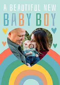 New Baby Boy Rainbow Heart photo Card