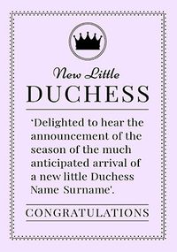 Little Duchess New Baby Personalised Card