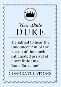 Little Duke New Baby Personalised Card