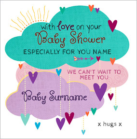 Baby Shower Card - Hearts & Clouds - Personalised - Square - By Funky Pigeon