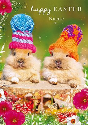 Easter Card - Easter Bunnies in Bobble Hats