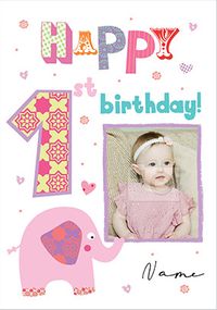 Happy 1st Birthday Elephant Photo Card