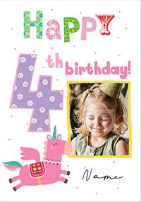 Happy 4th Birthday Unicorn Photo Card