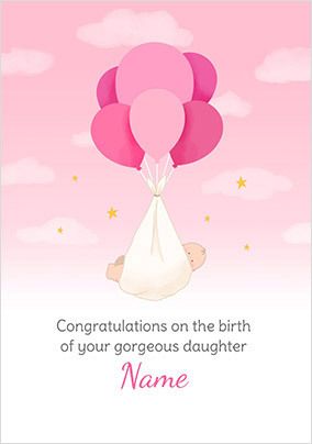 Pink Balloons Personalised New Baby Card