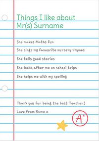 Tap to view Things I Like Thank You Teacher Personalised Card