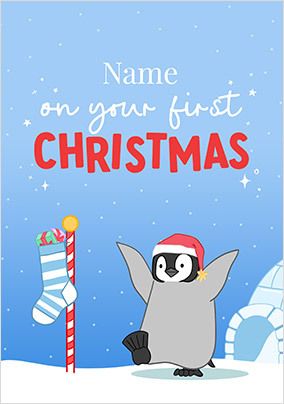 Penguin Stocking Personalised 1st Christmas Card