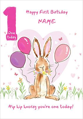 Pink Rabbit Age 1 Birthday Card