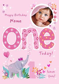 Age 1 Personalised Elephant Pink Card