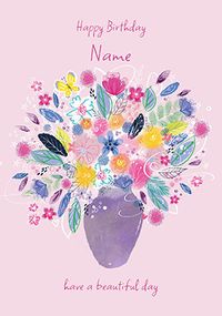 Lilac Floral Vase Personalised Birthday Card