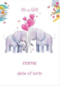 It's A Girl New Baby, personalised Elephant Card