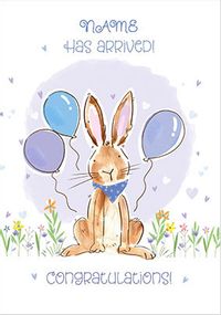 Bunny Blue Balloons, Personalised Baby Boy Card