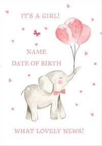 Pink Elephant Personalised Baby Girl Card
