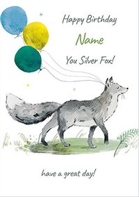 Silver Fox with Balloons Personalised Birthday Card