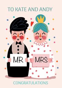 Mr and Mrs Cute Illustration Personalised Wedding Card