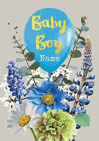 Baby Boy Balloons and Flowers New Baby Card