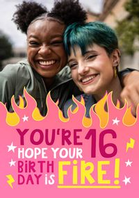 Tap to view Pink 16th Birthday is Fire Card
