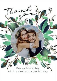 Tap to view Thank You for Celebrating Foliage Wedding Photo Card