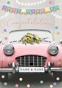 Just Married Pink Car Personalised Wedding Card
