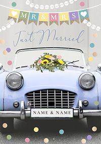 Just Married Blue Car Personalised Wedding Card
