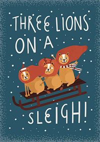 Three Lions on a Sleigh Christmas Card