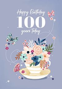 Tap to view Floral Tea Cup 100th Birthday Card