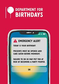 Tap to view Emergency Alert Birthday Card