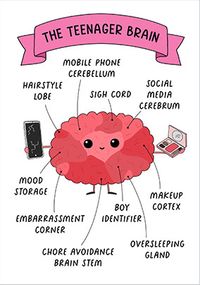 Teenager Brain Pink Birthday Card