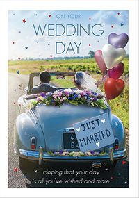 Blue Car Just Married Wedding Card
