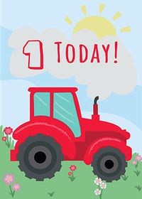 Red Tractor 1st Birthday Card