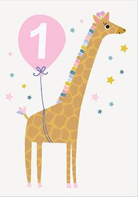 Giraffe Pink Balloon 1st Birthday Card