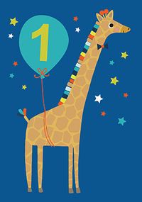 Giraffe Blue Balloon 1st Birthday Card