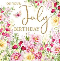 July Pink Flowers Birthday Card