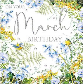 Blue Floral March  Birthday Card