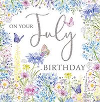 July Blue Flowers Birthday Card