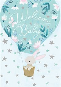 Bunny In A Balloon Blue Baby Card